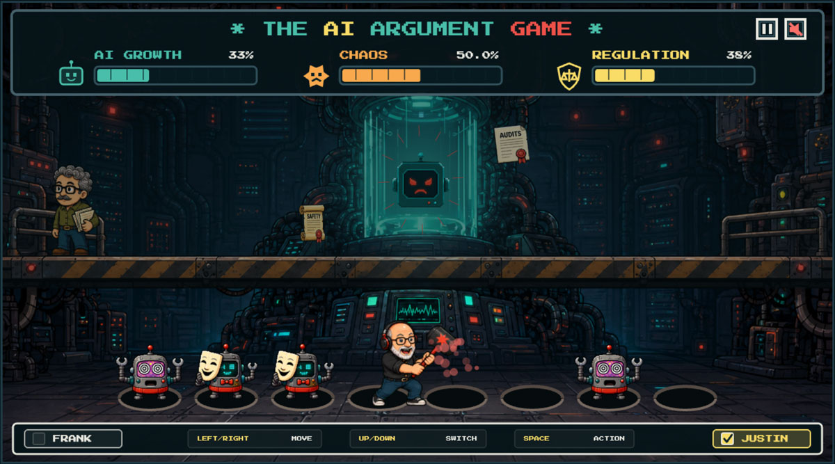 Gameplay screenshot showing Frank collecting regulation documents while Justin clears AI problem bots.