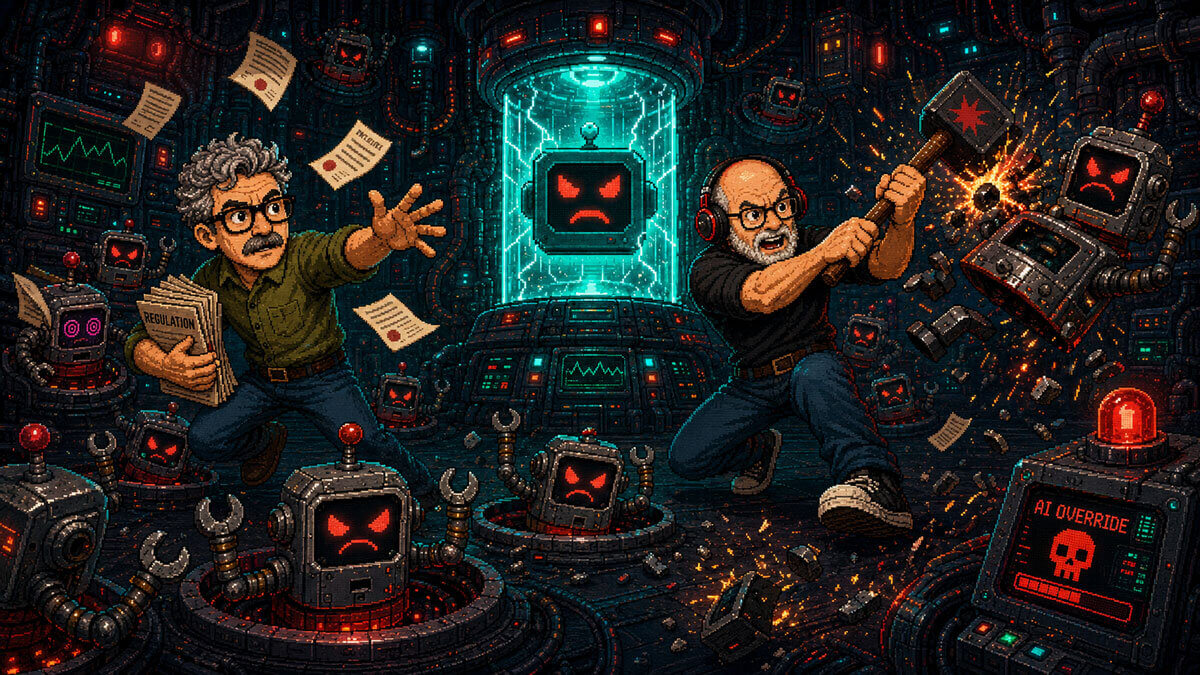 Frank reaching for regulation documents while Justin smashes AI problem bots.